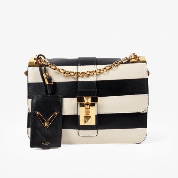 Valentino Garavani Striped Black and Ivory B-Rockstud Flap Bag - Picture 2 of 14